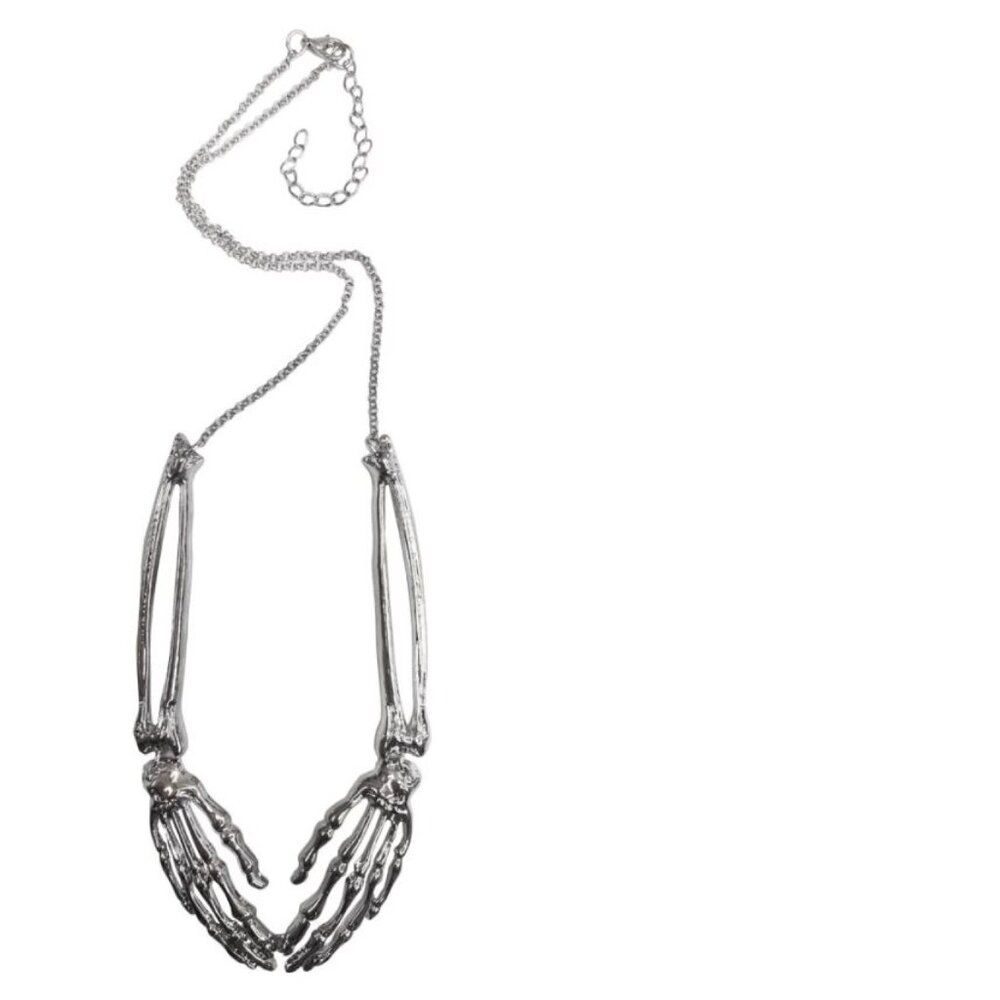 Skull Bone Necklace Skeleton Silver Metal 17" Chain Halloween Costume Accessory